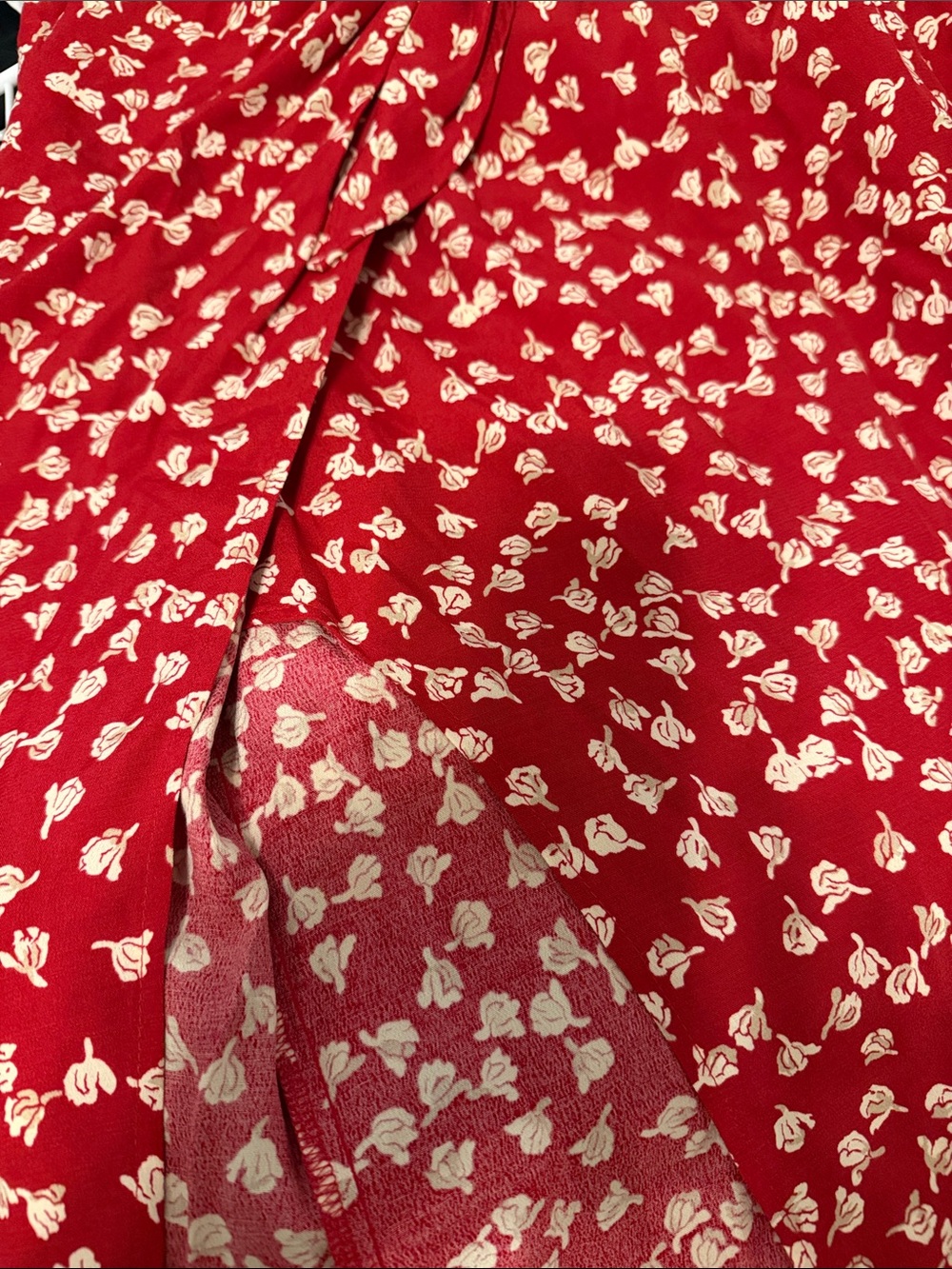 Maxi Faux-Wrap Boho Skirt, Tie at Waist, Zip in Back, Red & Cream, Multi-Season - Picture 8 of 9